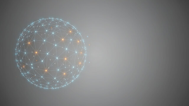 : A digital wireframe sphere made of connected dots and lines with glowing orange nodes, representing global network and technology on a gray background.