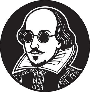 Black and white of william shakespeare wearing round glasses inside a circle frame poet playwright author