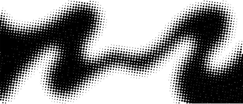Distressed monochrome halftone dotted flowing wave shape abstract dynamic background template vintage grunge style vector illustration