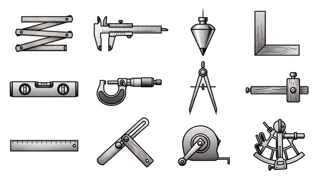 Vintage precision measuring tools set illustrated in monochrome stipple engraving style.