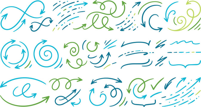 Assorted hand-drawn doodle arrows and decorative brackets in blue and green colors for text highlighting on white background