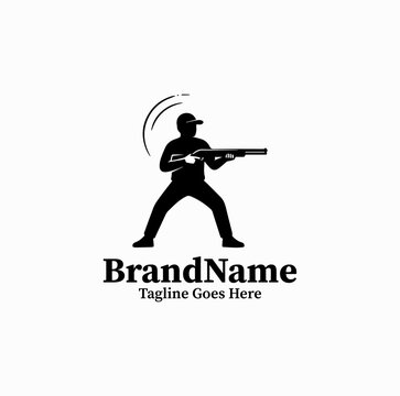 Black image vector logo silhouette of clay target shooter holding rifle in stadium on white background