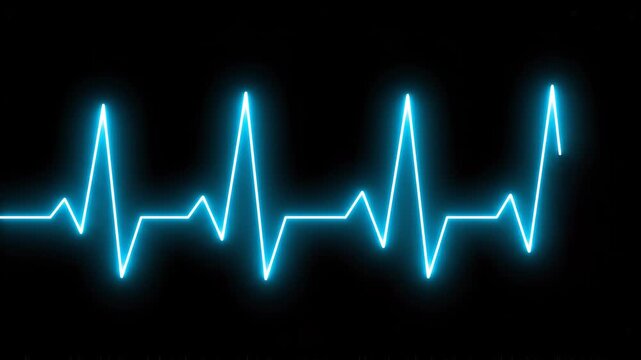 Glowing blue electrocardiogram waveform pulses on a dark background with cinematic motion