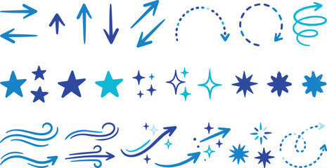 Fototapeta premium Set of blue hand drawn arrows, stars, sparkles, and wind wave symbols isolated on a black background, for and