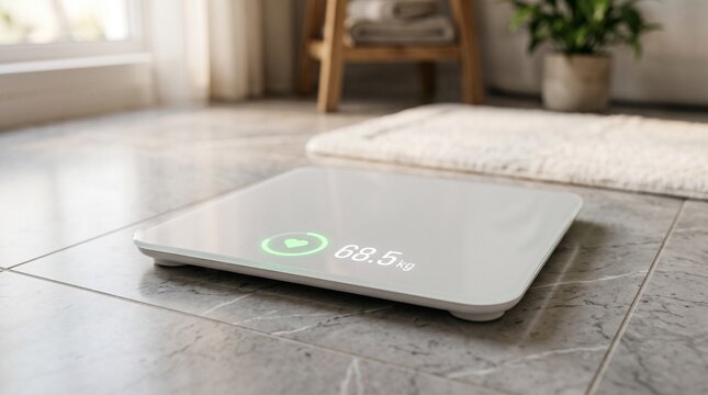 Smart bath scale displaying digital weight tracking on marble floor