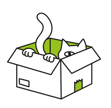 Gato escondido dentro de una caja de cart&oacute;n. Ilustraci&oacute;n a linea estilo doodle con fondo transparente PNG.