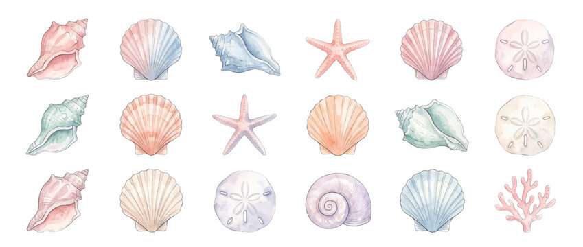 Seashell watercolor set sea shells isolated starfish sand dollar coral collection ocean beach nautical marine decorative clipart vector illustration graphic icon element set on a dark black background