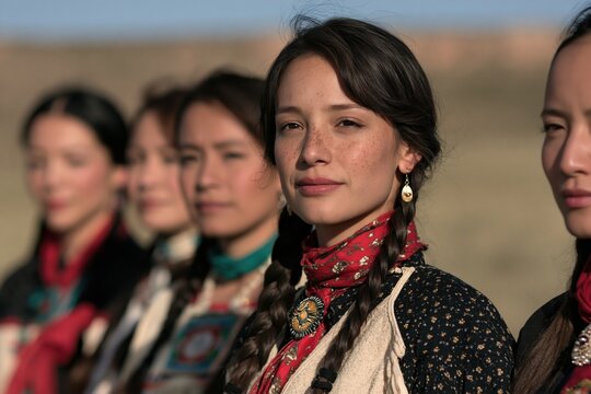 Group of beautiful attractive indigenous Native American women looking away	
