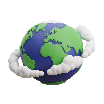 Planet earth globe with white atmospheric clouds illustration 3d render for world environment geography travel eco mobile game ui asset