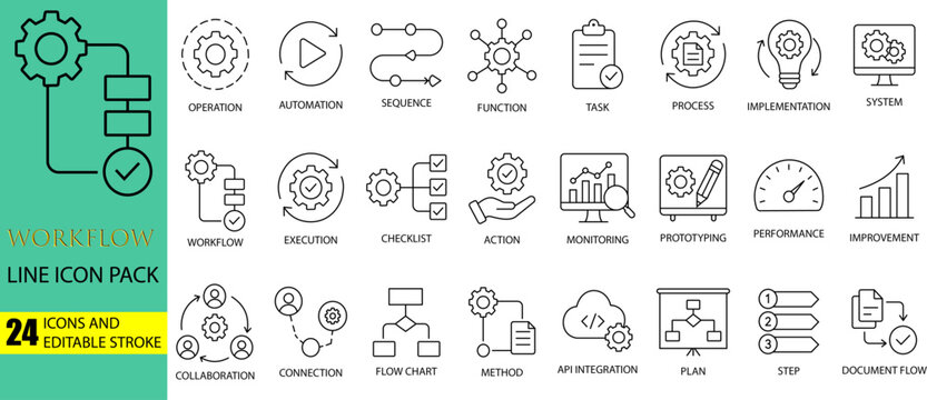 Workflow line icon set including simple black isolated thin stroke vector illustrations on transparent background for business project management and automation.