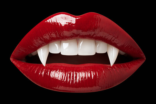Close-up of glossy red lips with vampire fangs bared, Halloween beauty portrait
