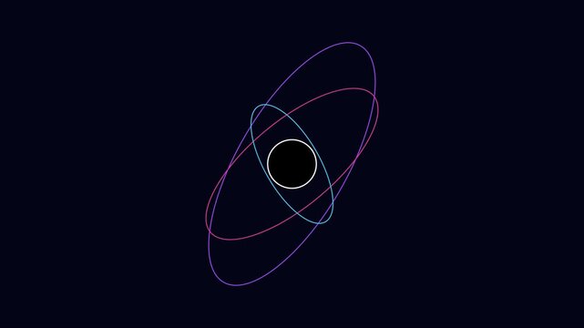 Abstract neon orbiting rings motion background: glowing science atom concept animation 4k