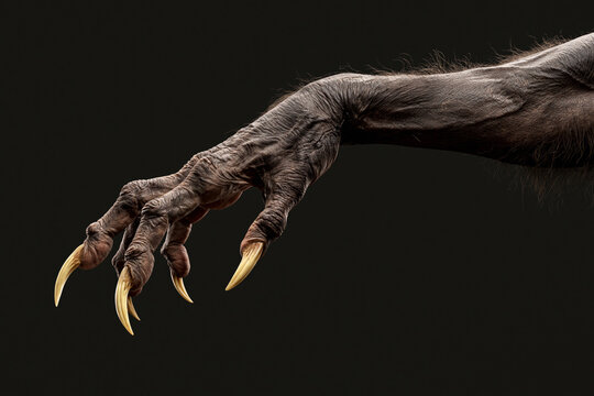 Close-up of werewolf hand with sharp claws on black background, Halloween monster detail