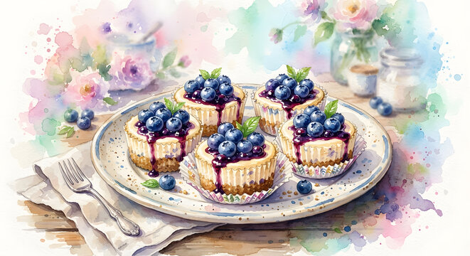 Mini Blueberry Cheesecakes on a Plate