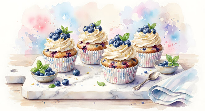 A collection of watercolor blueberry cupcakes on a marble board
