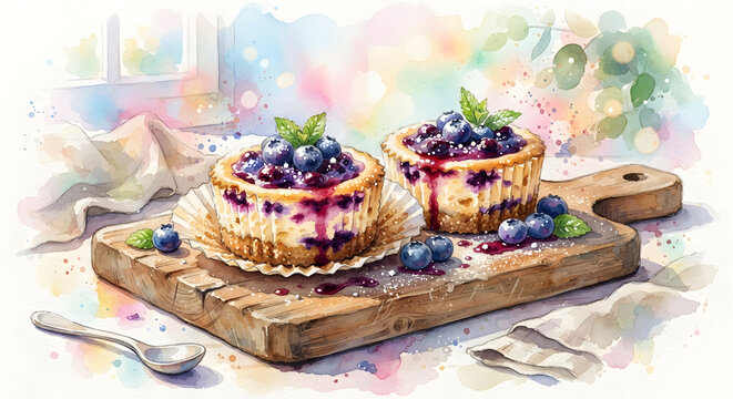 Decadent Mini Blueberry Cheesecakes on a Rustic Board