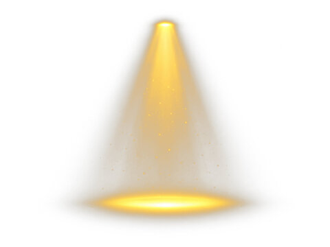 Golden spotlight with glowing beam and illuminated stage area PNG overlay, on transparent background