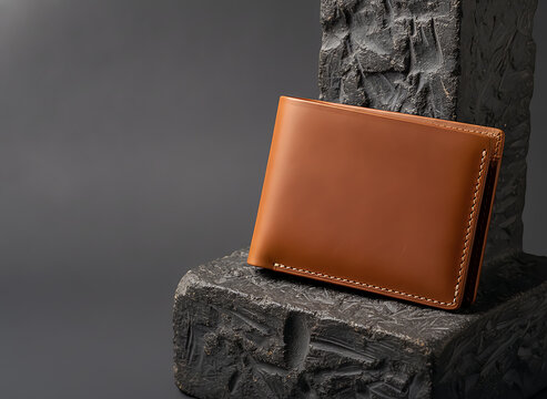 Minimalist brown leather wallet on a textured stone pedestal