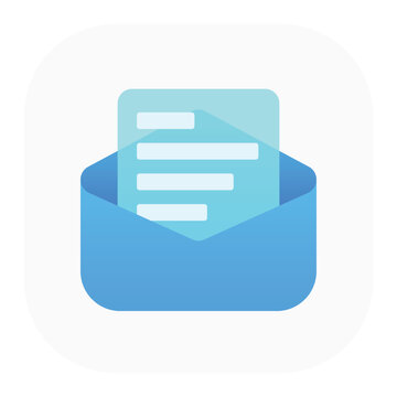 Modern flat vector icon of an open blue envelope containing a document, representing email, digital messaging, online correspondence and electronic communication.