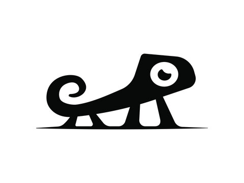 Minimal black silhouette illustration of a chameleon with curled tail and prominent eye, creating a bold stylized reptile graphic suitable for wildlife and animal concepts.