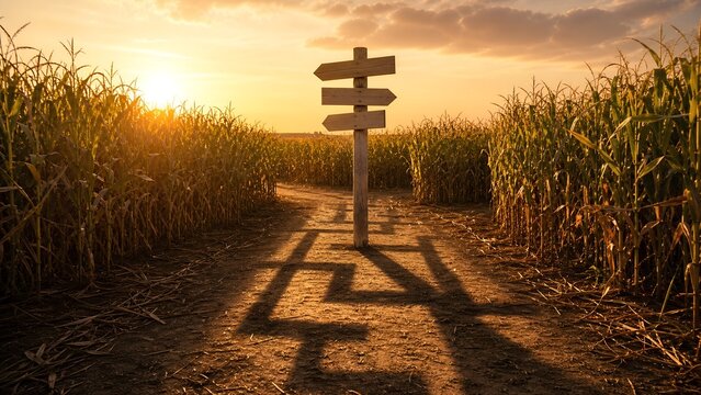 Multi direction sign casting long shadows in corn maze, uncertainty and direction concept