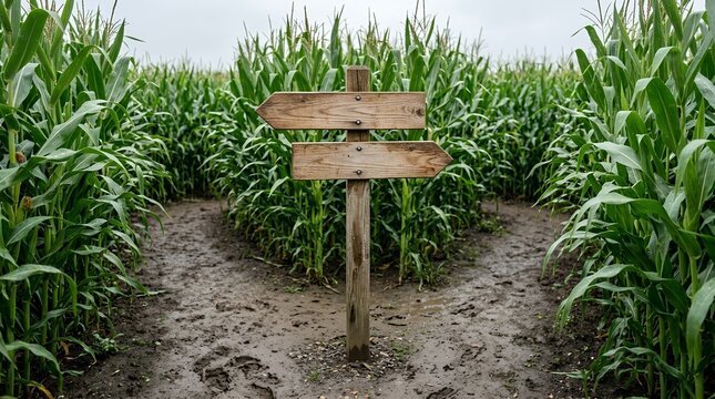 Wooden sign in green corn maze after rain, decision and navigation concept