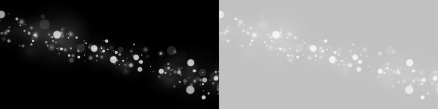 Soft sparkling particles create a bright cloud of floating white dust. Gentle illumination gives the texture a magical character. Transparent element for festive layouts.