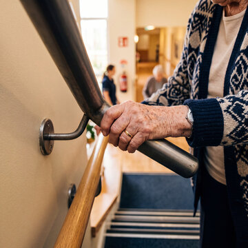 Elderly person holding onto a secure metal handrail on a staircase in a care facility