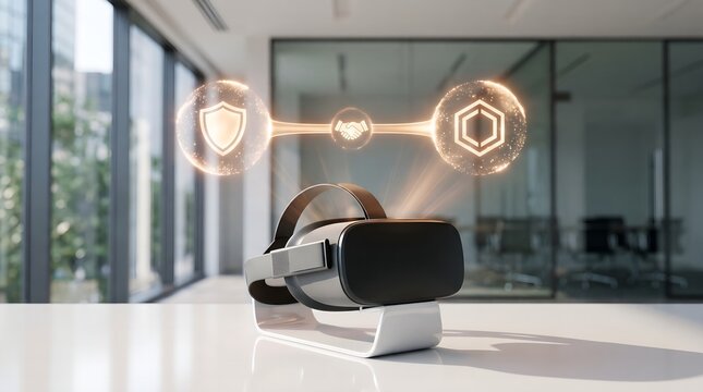 Virtual Reality Headset Displaying Holographic Digital Security Icons for Metaverse Business Communication and Immersive Data Protection Technology