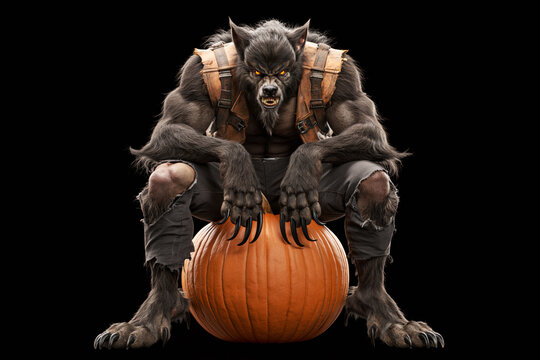 Snarling werewolf crouched over pumpkin with claws extended, Halloween costume portrait