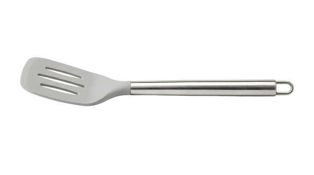 Stainless steel kitchen spatula with slotted head for flipping and serving food effortlessly