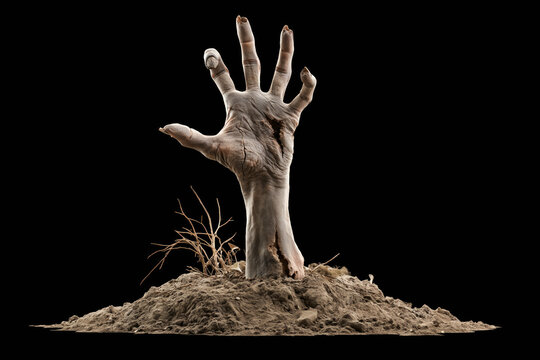 Zombie hand rising from grave dirt with dry branches, Halloween horror portrait