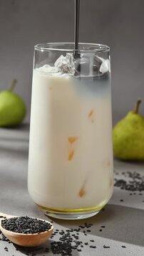 Black sesame paste pours over iced oat milk and pear syrup in glass, forming dark layer for autumn black sesame pear latte.