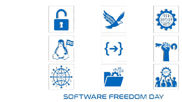 Software Freedom Day Silhouette Vector Icon Sheet with Open Source Code Padlock Gear and Bird Elements