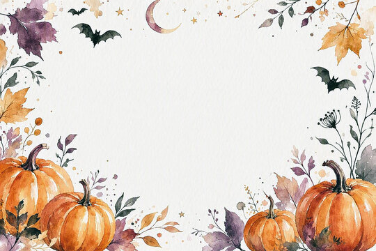 Watercolor Halloween Background with Pumpkins, Bats and Autumn Leaves