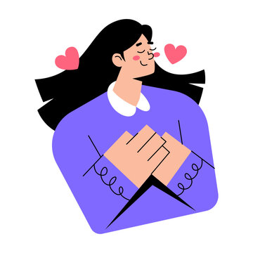 A grateful woman with eyes closed and a gentle smile, embracing herself with her hands over her chest, surrounded by floating hearts