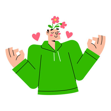 A man in a green hoodie meditating with flowers growing from his head and hearts floating around him. He is in a state of calm and inner peace.