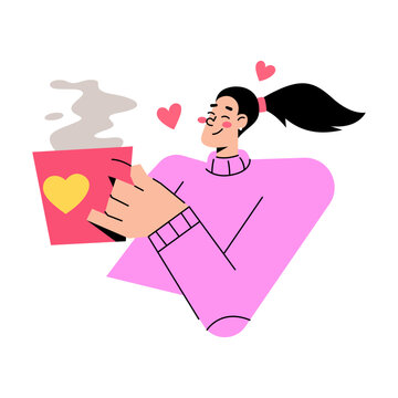 A woman enjoying a warm cup of coffee, with pink hearts floating around her. She is wearing a cozy pink sweater and her dark hair is tied in a ponytail