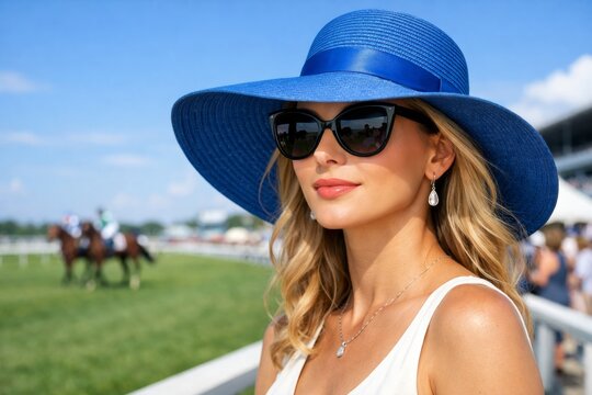 Elegant woman in a wide blue hat and black sunglasses at a racetrack spectator portrait for fashion editorial banner or lifestyle design