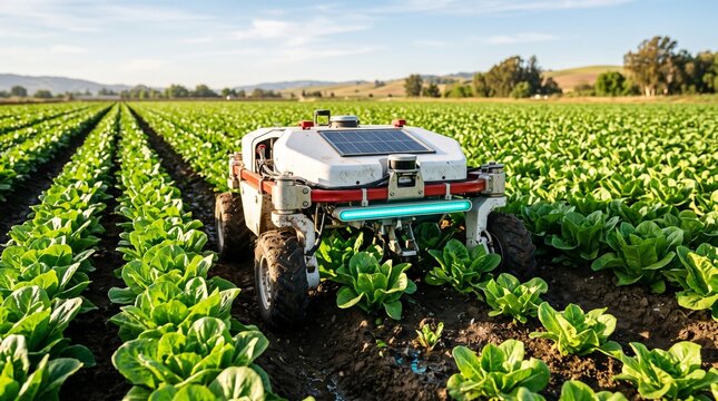 Autonomous robotic weeding machine in green organic lettuce field