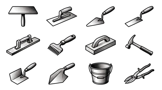 Masonry construction plastering hand tools collection set in vintage halftone engraving.