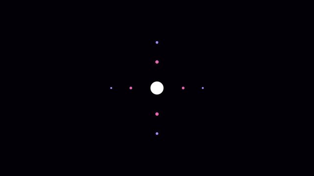 Minimalist atom model animation with orbiting particles on 4k black background, science physics chemistry