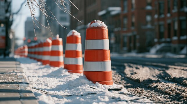 Row of Orange and White Traffic Barrels Lining a Snow-Covered City Street in Winter