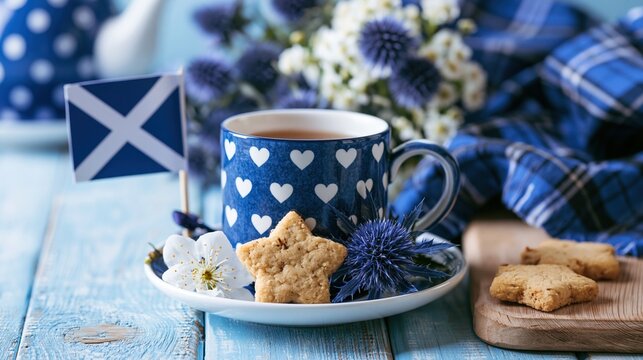Scottish Tea Time with Star-Shaped Shortbread, Thistle Flowers and Saltire Flag on Blue Wooden Table