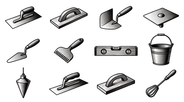 Black and white halftone masonry and plastering tools icons set on white background.