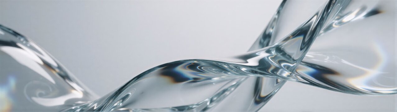 Elegant transparent glass ribbons twisting in a bright minimal space with aqua cyan refractions and soft caustic highlights