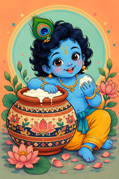 Playful baby lord krishna eating sweet butter from a beautiful decorated clay pot with blooming lotus flowers for the krishna janmashtami celebration