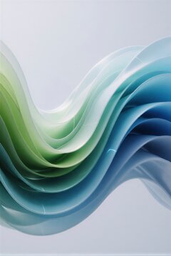 Abstract layered waves in green cyan and blue with smooth geometry in a luminous white environment suggesting sustainable technology