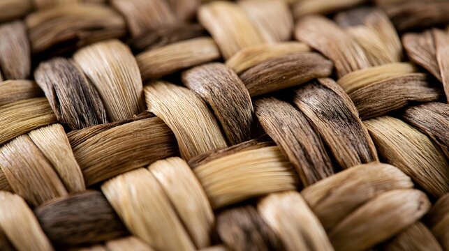 Close up of woven reed texture with natural brown and tan tones showing detailed craftsmanship in traditional handwoven pattern