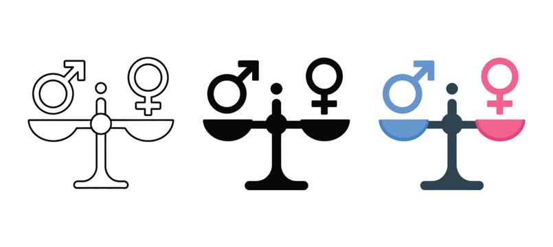 Gender equality concept icons with scales featuring male and female gender symbols, equal rights, fairness, balance, diversity, inclusion, social justice, vector illustration